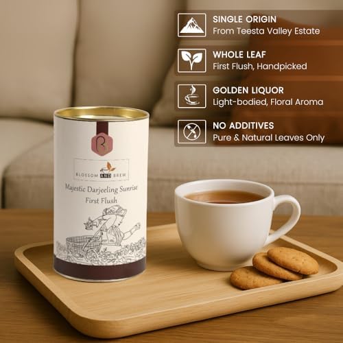 Blossom & Brew Majestic Darjeeling Sunrise First Flush Black Tea (1.76oz) – Whole Leaf from Teesta Valley – Rich Flavored & Aromatic Breakfast Brew – Caffeinated Indian Tea for Hot or Iced Beverages