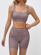 Aoysky Womens Workout Gingham 2 Piece Outfits Padded Open Back Crop Tank High Waist Sports Shorts Sets Yoga Matching Sets