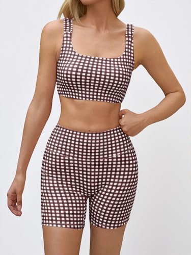 Aoysky Womens Workout Gingham 2 Piece Outfits Padded Open Back Crop Tank High Waist Sports Shorts Sets Yoga Matching Sets