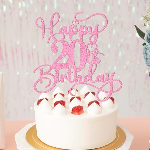 Pink Happy 20th Birthday Cake Topper 1pcs Glitter Cake Topper for twenty Birthday/Anniversary Theme Party Cake Decorations Supplies