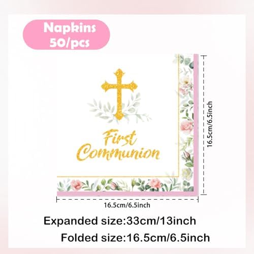 50Pcs First Communion Napkins - Gold Cross First Holy Communion Napkins, Pink Religious Paper Towels for Christening Table Decor