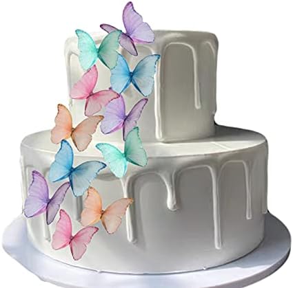 Weraru 48Pcs Edible Wafer Paper Butterflies Cupcake Topper Purple Pink Green Cake Decorations Mixed Color