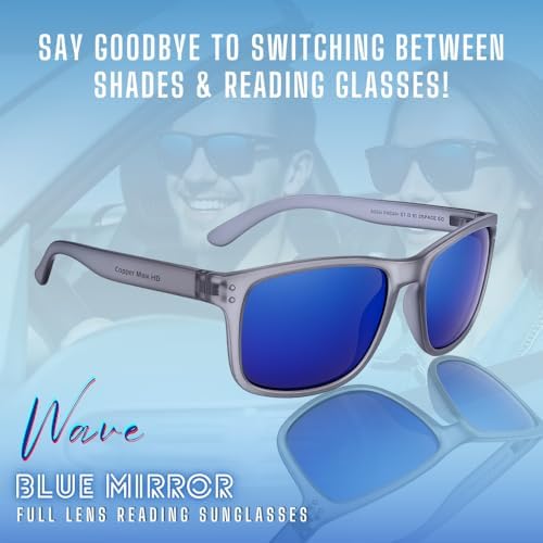 proSPORT Reader Sunglasses Blue Mirror Lenses Full Magnification Outdoor Horn Rim Golf Driving No Bifocal Line +100 to +400