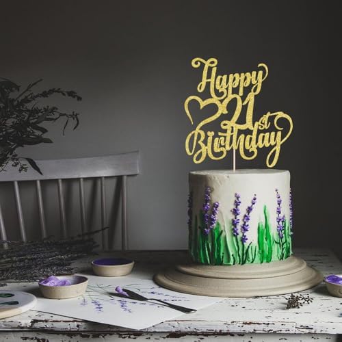 Gold Glitter Happy 21st Birthday Cake Topper - 21 Anniversary/Birthday - Hello 21, Cheers to 21 Years,21 & Fabulous Cake Topper Party Decoration