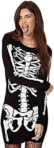RieKet Women's Halloween Costume Skeleton Dress Long Sleeves Stretchy Short Mini Dress