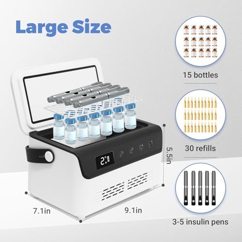 Electric Insulin Cooler Travel Case Box, Mini Insulin Fridge, Portable Insulin Refrigerator Diabetic Cooler Box for 4-5 Pens, 2-18℃ Temperature Control, with Handle, Power Supply, Rechargeable Battery