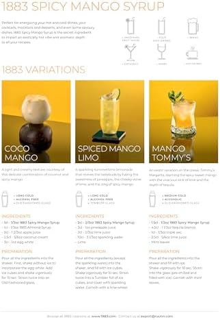 1883 Spicy Mango Syrup for Drinks, Made in France, 1 Liter Glass Bottle