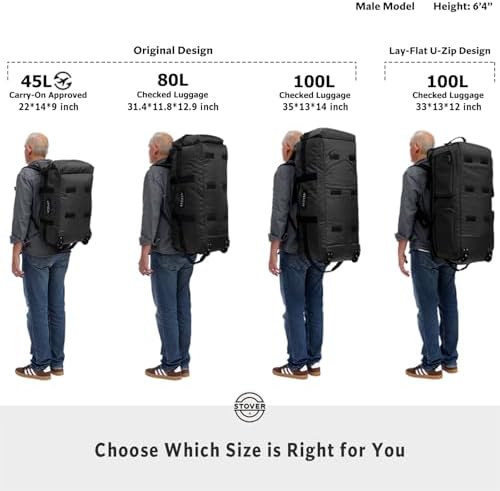 STOVER 45/80/100L Rolling Duffel Bag with Wheels, Large Durable Travel Duffle + Toiletry Bag, Heavy Duty, Packable, Foldable with Shoulder Straps- Use as Luggage or Backpack, Men/Women (Navy Blue)