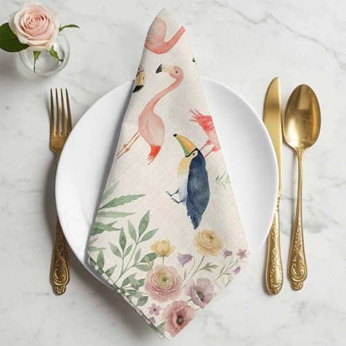 4pcs Cloth Napkins,Summer Flamingo Flower Leaf Reusable Dinner Napkin Washable Soft Kitchen Napkins,Vintage Linen Tropical Botanical Absorbent Cloth Napkin for Holiday Party Wedding