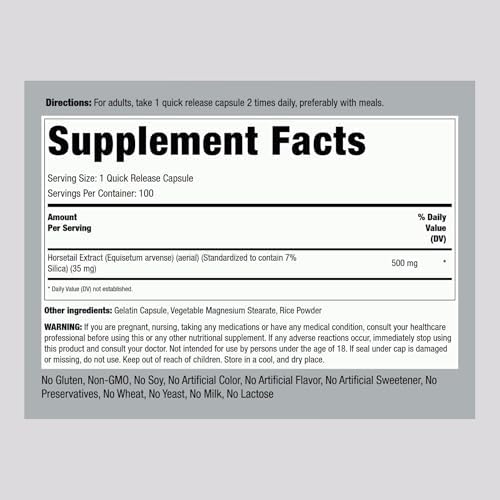 Piping Rock Silica Supplement 500mg | 100 Capsules | Horsetail Extract | Vitamins for Hair, Bones & Nails | Gluten Free, Non-GMO