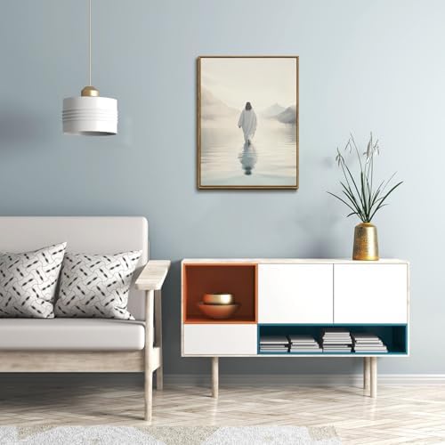 ZZTCYSU Jesus Canvas Wall Art Christian Framed Wall Art Jesus Walking on Water Back Modern Bible Print Religious Faith Artwork Decor for Living Room Bedroom Church 12"x16" Framed