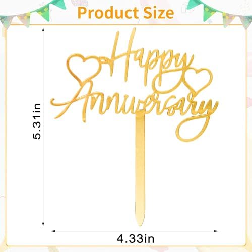 1 PCS Gold Happy Anniversary Cake Topper, Acrylic Heart Cake Decor for Weddings, Anniversaries, or Party Decoration Supplies