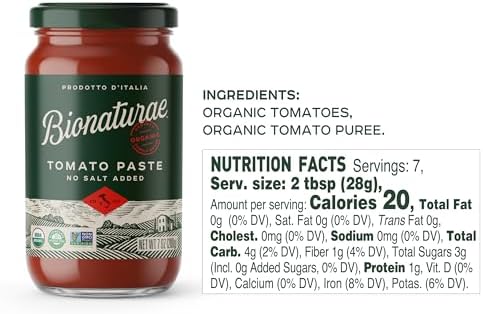 Bionaturae Organic Tomato Paste - No Salt Tomato Paste, Tomato Paste in a Jar, Keto Friendly, Non-GMO, USDA Certified Organic, No Added Sugar, No Added Salt, Made in Italy - 7 Oz, 12 Pack