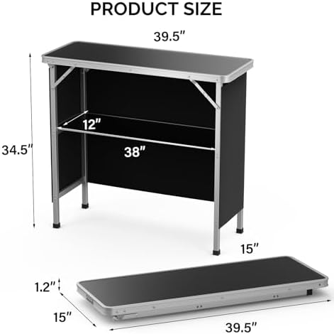 Bonnlo Folding Portable Bar Table, Mobile Bar Table for Events, Party, Camping, Picnic, Tradeshow, Indoor with Black Skirt 39 "L x 34" H