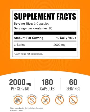 BulkSupplements.com L-Serine Capsules - Serine Supplement, Amino Acids Supplement - Gluten Free, 3 Capsules per Serving, 180 Count (Pack of 1)