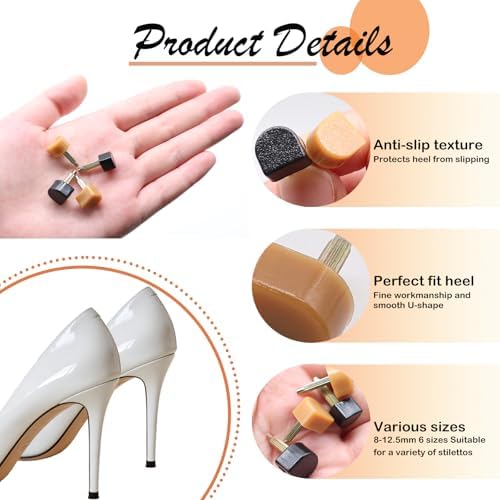 24 Pairs High Heel Replacement Tips, Women Heel Shoes Repair Cap，Dowels Tips Pin Kit,with 6 Inch High Heel Remove Pliers, 8-12.5mm 6 Sizes Heel Tips Caps, U-Shape, Black Beige