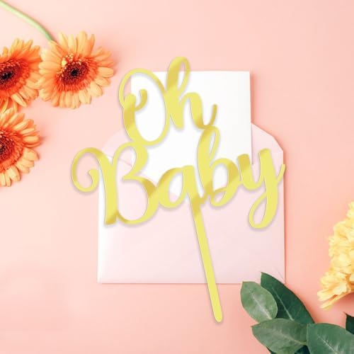 Oh Baby Cake Topper, Golden Acrylic Baby shower Party Cake Decoration, baby Baptism or Gender Reveal Party Cake Decoration