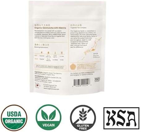 SUGIMOTO TEA Japanese Organic Genmaicha with Matcha Green Tea Bags 12 Count