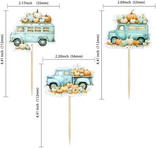 Ephlyn 36Pcs Pumpkin Truck Cupcake Toppers Fall Harvest Pumpkin Truck Cupcake Picks for Fall Harvest Theme Thanksgiving Party Birthday Decorations Supplies Blue