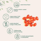 Mega Omega-3 Krill & Fish Oil 2,000mg Equivalent, 240 Softgels | Lemon Flavored | Burpless | Essential Fatty Acids & Astaxanthin | EPA 350mg + DHA 230mg | Heart & Brain Supplement