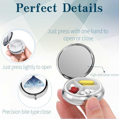 3 Compartment Travel Pill Case, Sealed Portable Pill Container Mini Size Metal Pill Box for Pocket Purse, Three Times a Day Pill Organizer for Children, Woman and Men - Blue Moth