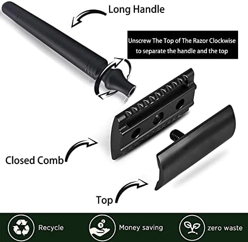 Shaving Razor Kit Double Edage Safety Razor 2 Layers Stainless Steel Shaving Mug Shaving Soap Cream Synthetic Shaving Brush Heavy Chrome Shaving Stand Black Shaving Razor Gift for Men