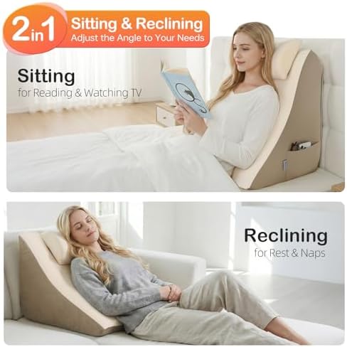 Vekkia 21” Extra-Wide Back Pillow with Adjustable Headrest, 2-in-1 Ergonomic Dual-Layer Wedge Backrest for Sitting/Reclining, Lumbar & Neck Support, Bed, Sofa & Floor, Reading, TV, Lounging & Gaming
