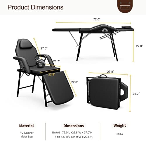 Paddie Portable Tattoo Chair for Client 72inch, Mobile Massage Table Foldable with Storage Bag, Black