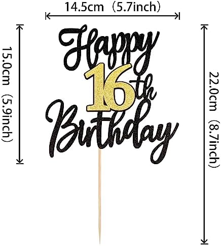1 PCS Happy 16th Birthday Cake Topper Black Gold Glitter Cheers to 16 Years Birthday Cake Pick 16 Fabulous Cake Decoration for Happy 16th Birthday Anniversary Party Cake Decorations Supplies