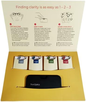 ThinOptics Find Your Strength Clarity Kit Rectangular Reading Glasses, Black, 44.45 mm + 2.5