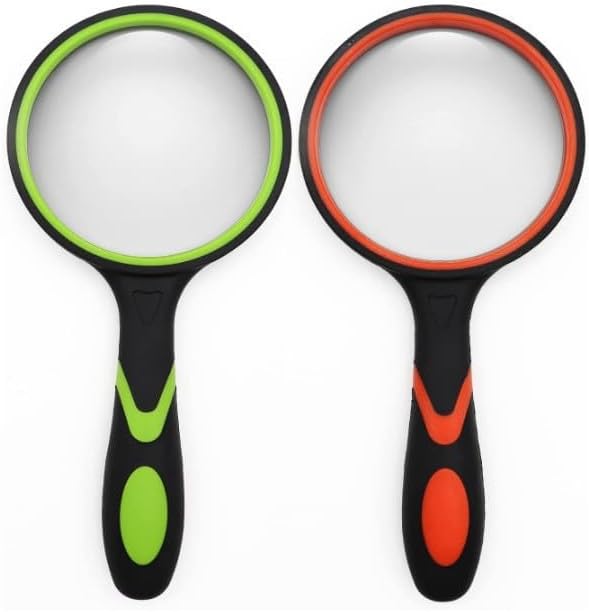 2 Pack 10X Magnifying Glass, Large Handheld Magnifier Magnafying. Glasses for Kids/Seniors Reading, 3 Inch Shatterproof Lupa Magnify Glass Lens, Rubber Handle