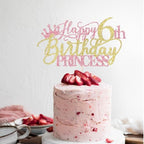 Princess 6th Birthday Cake Topper - Happy 6th Birthday Cake Supplies for Girl - Girl six Years Old Party Decorations - Pink & Gold Glitter