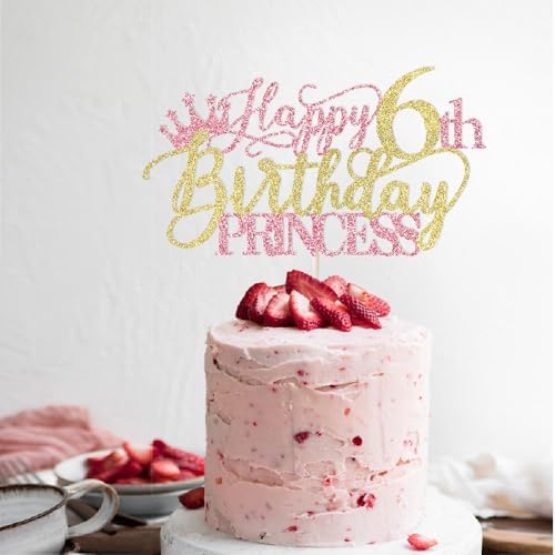 Princess 6th Birthday Cake Topper - Happy 6th Birthday Cake Supplies for Girl - Girl six Years Old Party Decorations - Pink & Gold Glitter
