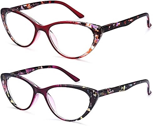 EYEURL Cat Eye Reading Glasses for Womens Set of 2 Blue Light Blocking Computer Readers +1.5 Ladies Eyeglass Quality Frame Lightweight and Comfortable