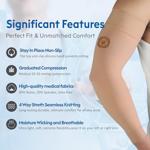 NURCOM® Medical Compression Arm Sleeve for Men Women, 2 Pack, 20-30mmHg with Silicone Band for Lymphedema, Lipedema, Pain Relief, Edema, Swelling, Post Surgery Recovery, Beige S