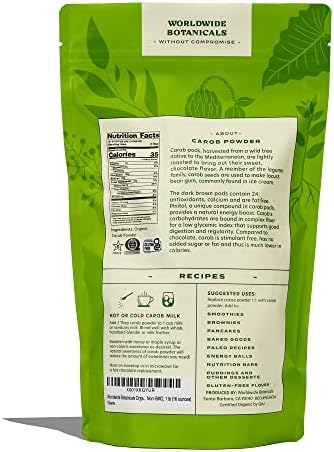 Worldwide Botanicals Organic Carob Powder, Medium Roast – 1 lb – Caffeine Free Cocoa Alternative – Low Fat Super Food with Natural Sweetness– Gluten Free, Kosher, 16 ounces