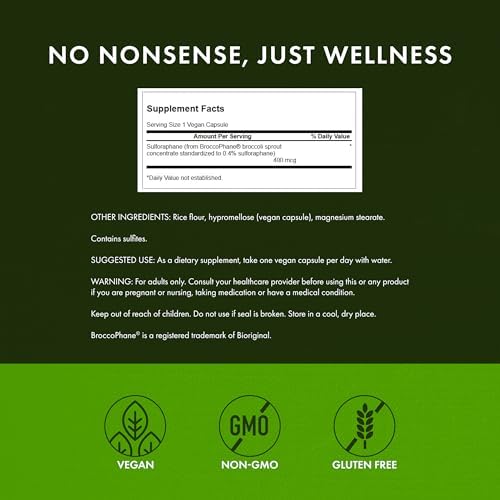 Swanson Sulforaphane Broccoli Sprout Extract for Adults Seeking Liver and Cellular Health Support - Standardized to 0.4% Sulforaphane (60 Vegan Capsules, 400 mcg)