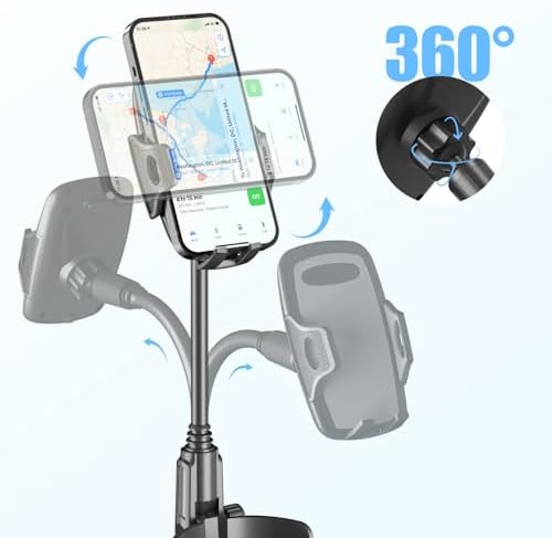 Cup Phone Holder for Car with 360° Adjustable Long Gooseneck, Cell Phone Holder Mount for Car | Truck | Golf Cart Compatible with iPhone & Samsung & All Smartphones