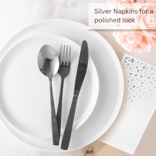 Stylish White and Silver Napkins, 100 Silver Dinner Napkins, Disposable Napkins for Party, Napkins, 7.5x 4.25 Inch Disposable Dinner Napkins, Wedding Napkins for Reception, 3Ply Fancy Paper Napkins