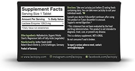 LactoJoy Lactase Pills 14,500 I 45 Pieces I Powerful Lactase Enzymes for Lactose Intolerance I Ultra Pure Lactase for Improved Digestion I No Silicon Dioxide, No Artificial Flavors, No Sucralose