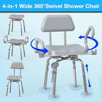 Swivel Shower Chair with Arms and Back,Anti-Slip Design,with Security Belt for Elderly and Disabled,Adjustable Height and Backrest,One-Touch Rotate Shower Chair,Gray
