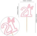 Ercadio 24Pcs Number 21 Cupcake Toppers Glitter Pink Bow Twenty-One Cupcake Picks for Pink Girls 21st Birthday Party Sweet Happy 21st Birthday Cake Decorations Supplies