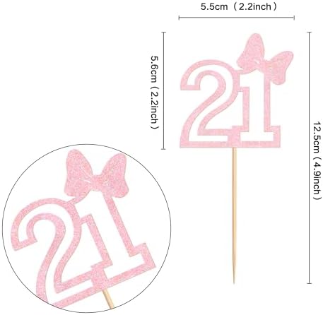 Ercadio 24Pcs Number 21 Cupcake Toppers Glitter Pink Bow Twenty-One Cupcake Picks for Pink Girls 21st Birthday Party Sweet Happy 21st Birthday Cake Decorations Supplies