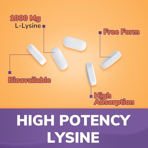 L-Lysine 1000 mg, High Potency L-Lysine HCl, Free Form Essential Amino Acid, Protein & Collagen Synthesis, Immune Support, Maximum Absorption, Vegan, 120 Tablets