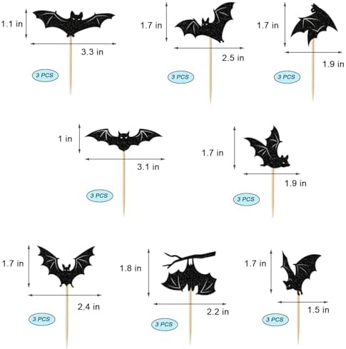 24 Pack Halloween Cupcake Toppers Set, Black Glitter Bat Cupcake Picks for Baby Shower, Halloween and Birthday Party Decorations Supplies (Bat)