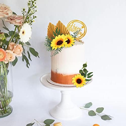 MEMOVAN Sunflower Cake Topper 18pcs Sunflower Cake Decoration with Gold Happy Birthday Cake Topper Sunflowers Golden Palm Eucalyptus Leaves for Sunflowers Boho Summer Birthday Wedding Baby Shower