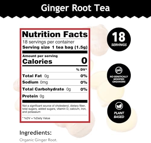 Buddha Teas - Organic Ginger Root Tea - Herbal Tea - For Health & Wellbeing - With Antioxidants & Minerals - Clean Ingredients - Caffeine Free - OU Kosher & Non-GMO - 18 Tea Bags (Pack of 1)