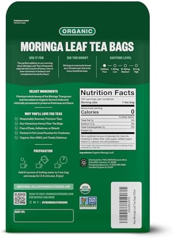 FGO Organic Moringa Tea, 100 Count, Eco-Conscious Tea Bags, Resealable Bag, Caffeine Free, Packaging May Vary (Pack of 1)