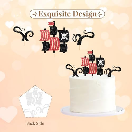 Pirate Cake Topper, Pirate Ship Cake Decor, Black Glitter Octopus Tentacles Skeleton Cake Topper for Baby Shower, Pirate Treasure Themed Birthday Party Decoration