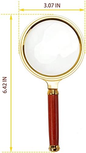 BASUNE 10X Handheld Magnifier, Reading Magnifier Loupe Glasses 10X with Rosewood Handle for Book and Newspaper Reading, Insect and Hobby Observation, Classroom Science (Clear, Plastic Frame)